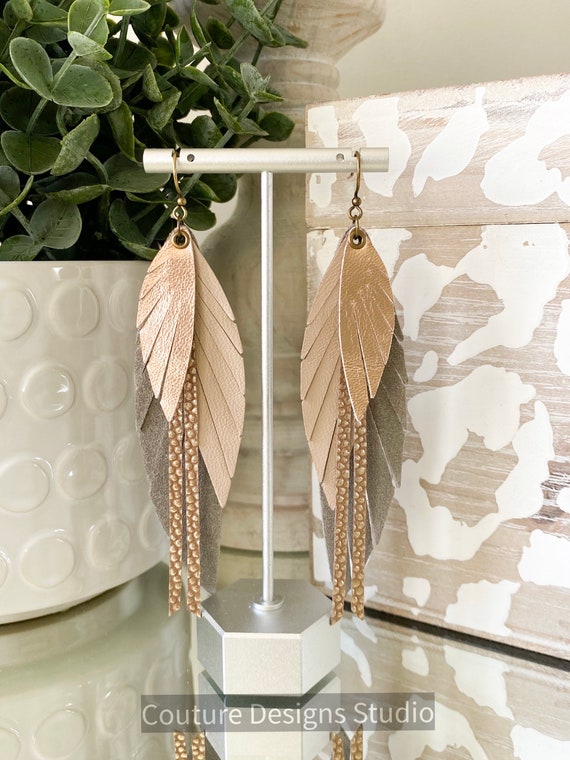 Neutral Nude Leather Feather Earrings - Leather Fringe Earrings, Leather Feather Earrings, Boho Earrings, Genuine Leather Earrings, 5 Inch