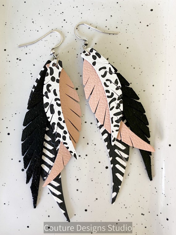 Pink Black and White Boho Leather Feather Earrings, Feather Leather Earrings - Leopard Leather Earrings - Pink Feather Earrings