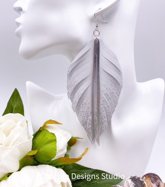 Glitter Ombre Leather Feather Earrings - Boho Leather Earrings, White Leather Feather Earrings, Leather Fringe Earrings, 5.5 Inches