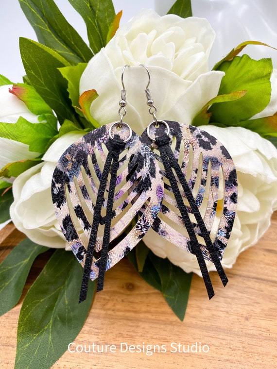 Nude Leopard Leather Earrings - Genuine Leather Earrings, Leather Leaf Earrings, Leather Teardrop Earrings, Leather Fringe Earrings