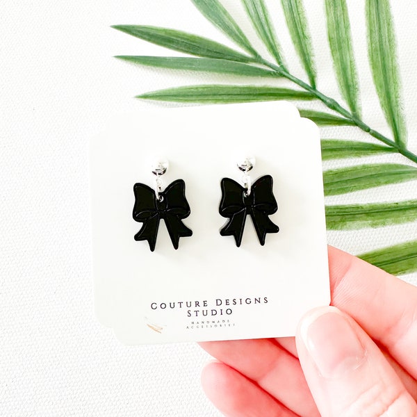 Little Black Bow Earrings | Matte Black Bow Acrylic Earrings | Petite Bow Earrings | Small Black Earrings