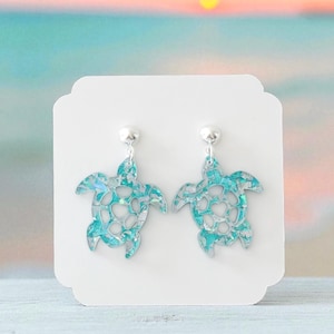 Sea Turtle Earrings | Glitter Turtle Tropical Earrings | Sea Turtle Ocean Earrings | Sea Turtle Beach Earrings Aqua/Silver Glitter