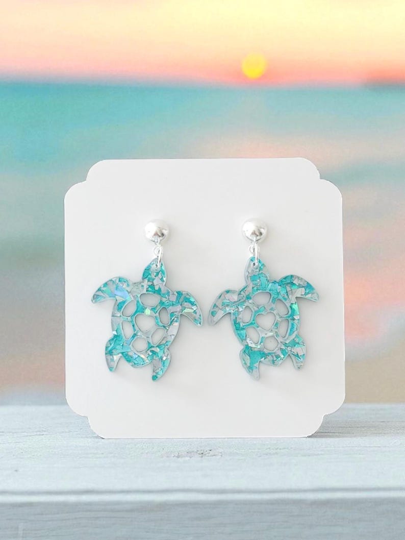 Sea Turtle Earrings | Glitter Turtle Tropical Earrings | Sea Turtle Ocean Earrings | Sea Turtle Beach Earrings Aqua/Silver Glitter