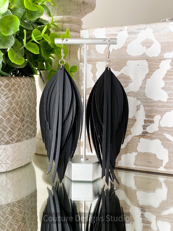 Black Faux Leather Feather Earrings - Black Faux Leather Earrings, Leather Fringe Earrings, Black Tassel Earrings