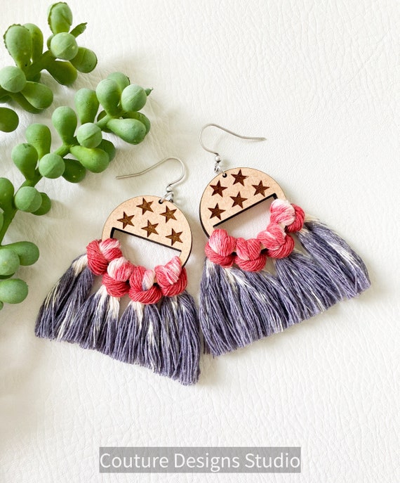 4th of July Earrings, Tie Dye Macrame Earrings, Patriotic Earrings, Red White and Blue Earrings, Macrame Wood Earrings, Tie Dye Earrings