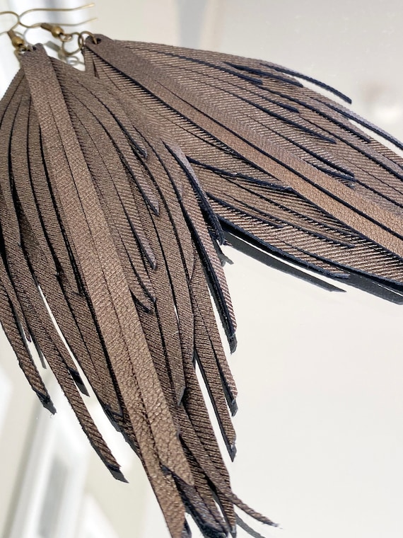 Bronze Leather Feather Earrings - Leather Feather Earrings, Leather Fringe Earrings, Genuine Leather Earrings, Boho Leather Earrings, 5.5”