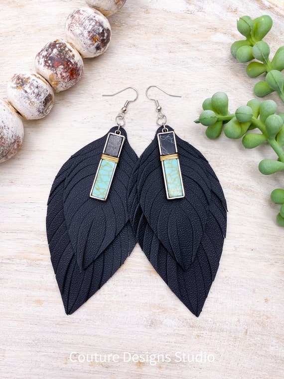 Black Leather Feather Earrings - Black Leather Feathers, Leather Fringe Earrings, Genuine Leather Feather Earrings, 4.5 Inches