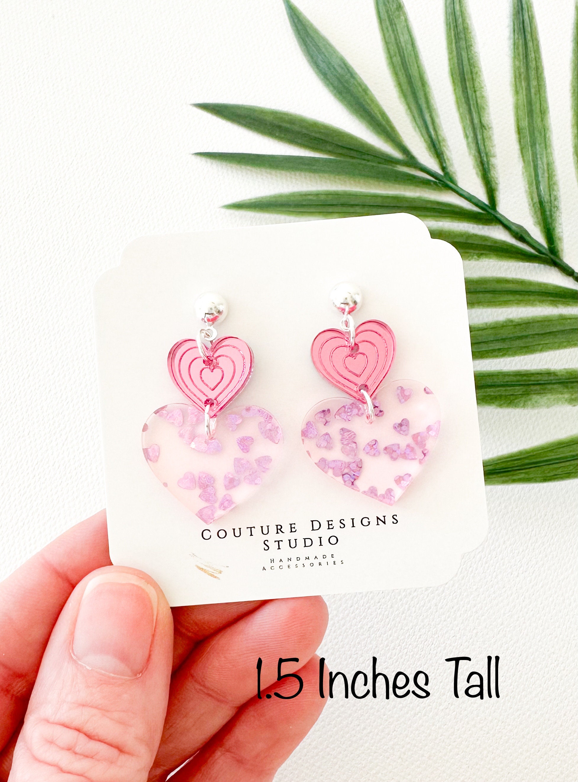 Pink Confetti Beaded Earrings, Valentines Beaded Earrings, Pink Heart Earrings