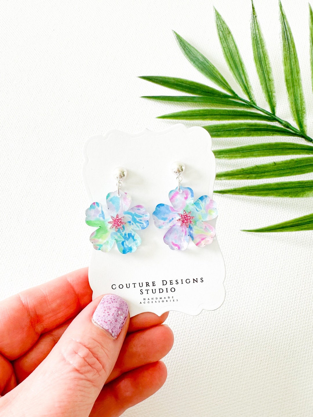 Hibiscus Flower Earrings Tropical Flower Earrings Glitter Etsy