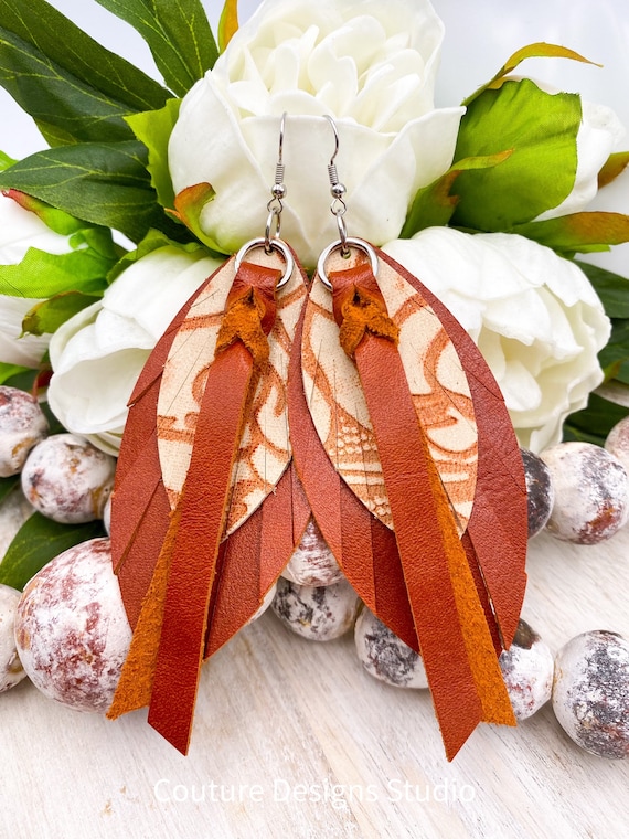 Burnt Orange Leather Feather Earrings - Leather Feather Earrings, Boho Earrings, Leather Fringe Earrings, Genuine Leather Earrings, 4.75”