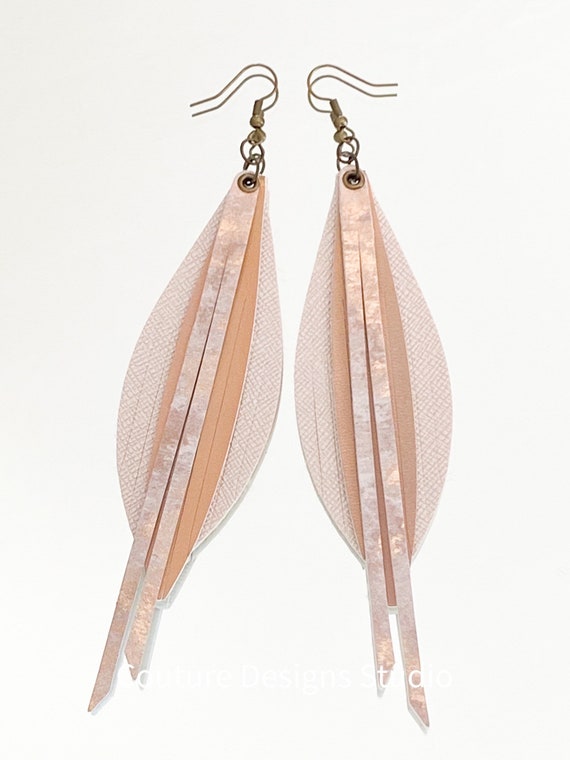 Nude Pink Faux Leather Fringe Earrings - Leather Feather Earrings, Boho Earrings, Fringed Faux Leather Feather Earrings, 4 Inch