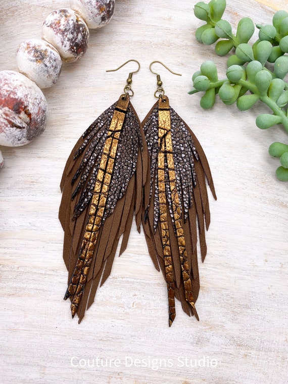 Bronze Leather Feather Earrings - Leather Feather Earrings, Leather Fringe Earrings, Genuine Leather Earrings, Boho Leather Earrings, 5.5”