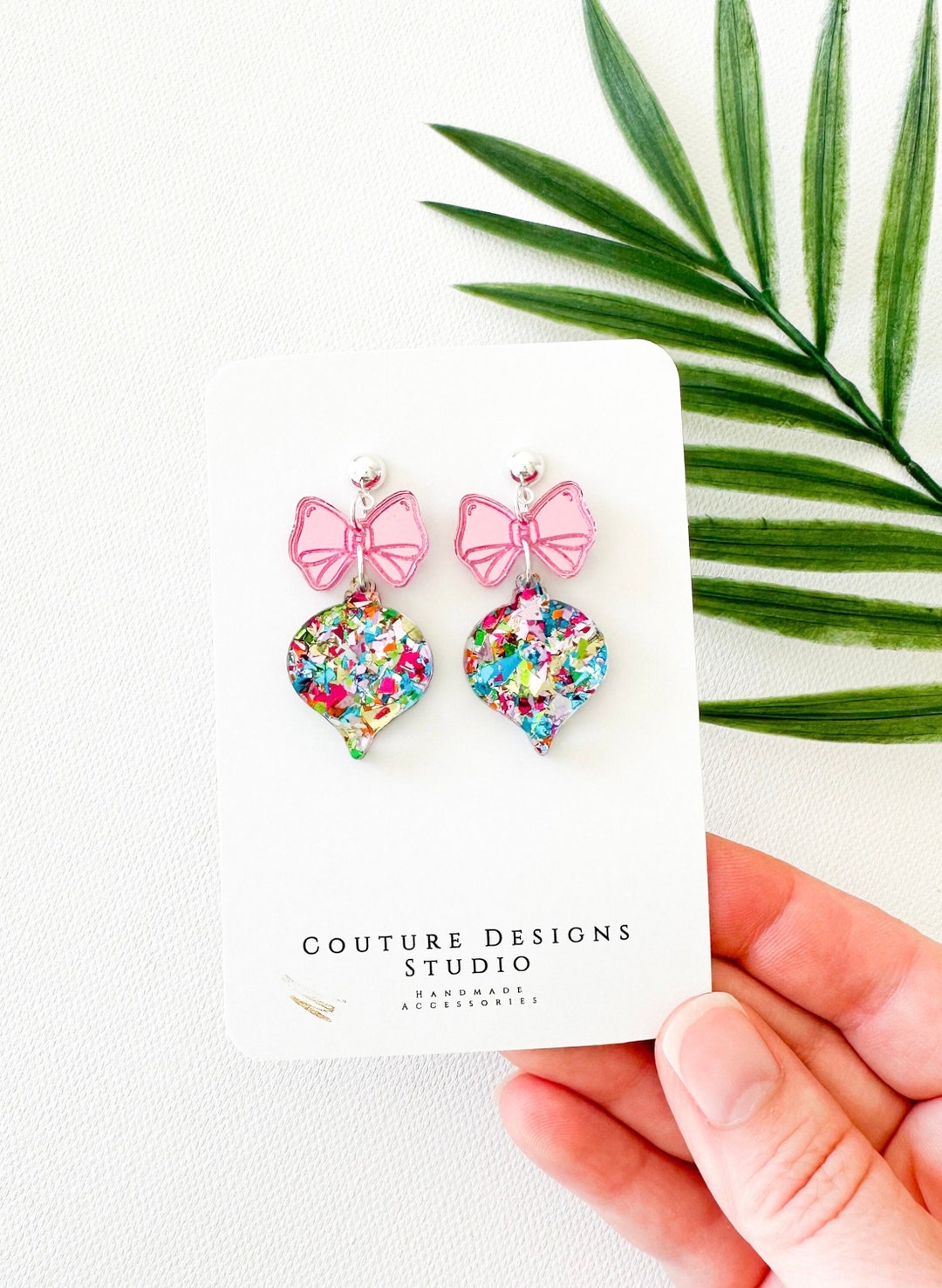 Glitter Christmas Ornament Earrings Pink Bow and Ornament Christmas