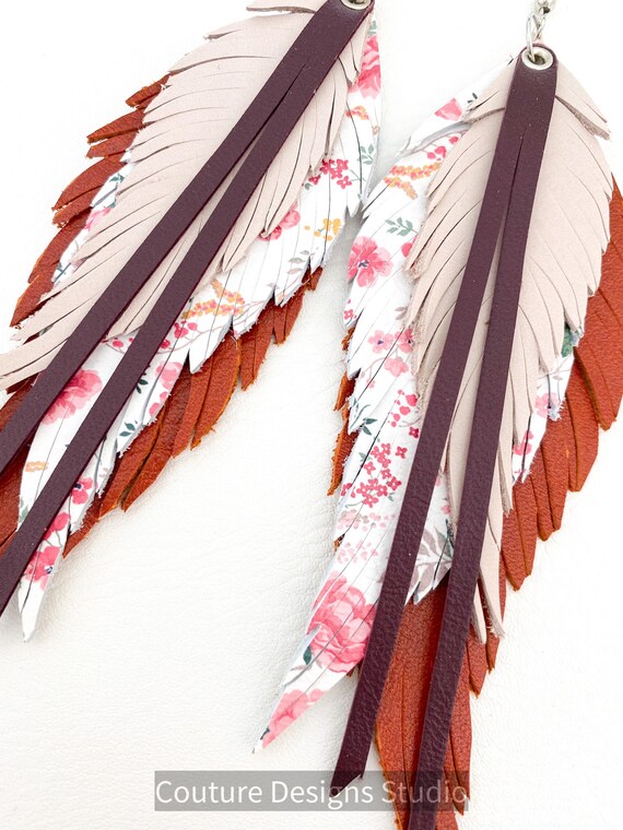 Boho Floral Leather Feather Earrings - Leather Feather Earrings, Boho Earrings, Leather Fringe Earrings, Genuine Leather Earrings
