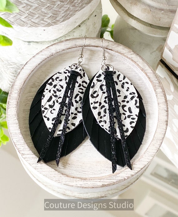 Leopard Print Leather Feather Earrings - Black & White Leather Earrings, Leather Fringe Earrings, Feather Earrings, Boho Earrings