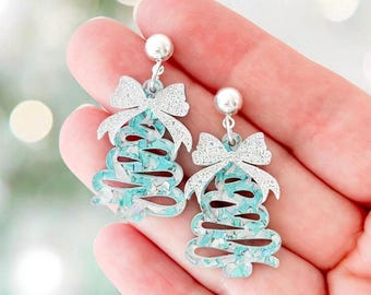 Sparkly Christmas Tree Earrings, Festive Aqua Acrylic Dangle Tree Earrings, Christmas Tree Holiday Earrings, Christmas Earrings