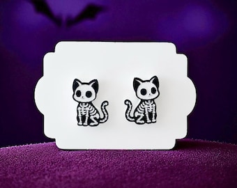 Skeleton Cat Halloween Stud Earrings | Black Skeleton Cat Studs | Halloween Skeleton Earrings | Spooky Cat Halloween Earrings