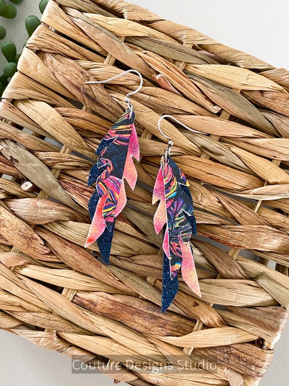 Tropical Glitter Leather Feather Earrings, Navy Blue Feather Leather Earrings, Mini Feather Earrings, Boho Earrings, Small Leather Feathers