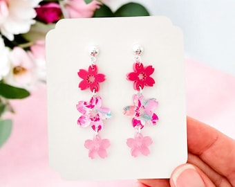 Pendientes de flor de cerezo / Pendientes de flor rosa / Pendientes de flor rosa apilados / Pendientes acrílicos de flor de cerezo