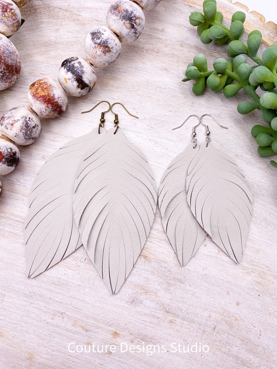 Bone Leather Feather Earrings - Leather Feather Earrings, Leather Fringe Earrings, Neutral Leather Earrings, Boho Leather Earrings