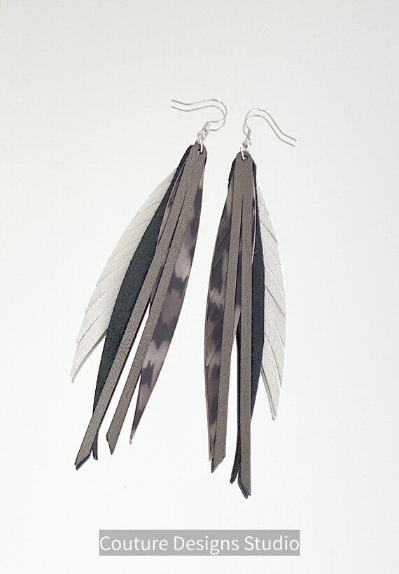 Gray Leopard Leather Feather Earrings - Boho Feather Earrings - Fringed Leather Earrings - Long Leather Feather Earrings