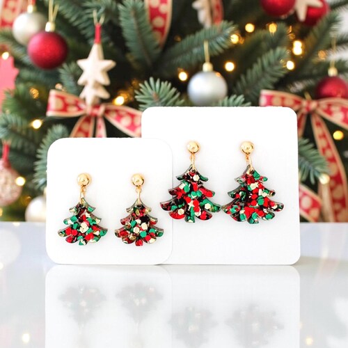 Chunky Glitter Christmas Tree Earrings: Christmas Tree Earrings, Christmas Tree Holiday Earrings, Glitter Tree Christmas Earrings