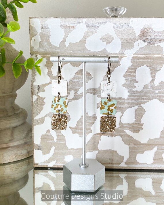 Mint Leopard Print Earrings - Square Earrings, Boho Earrings, Mint and Gold Earrings, Cork Leather Earrings, Gold Glitter Earrings