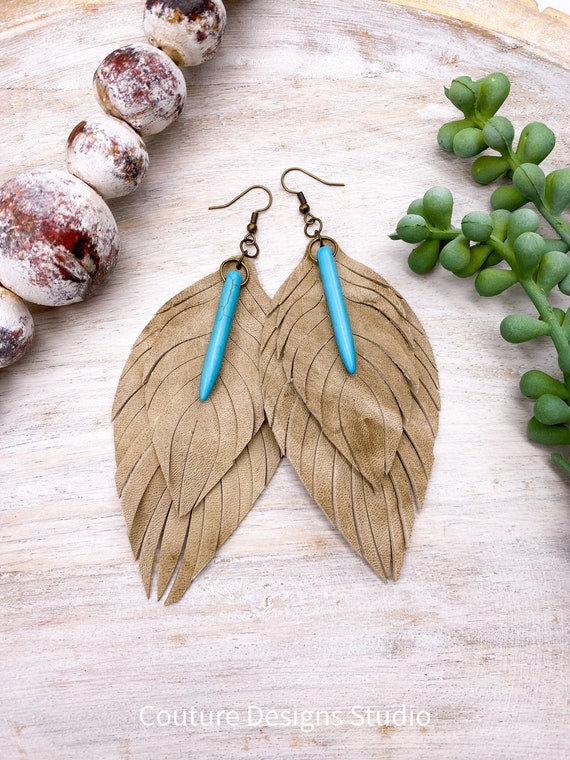 Tan Distressed Leather Feather Earrings - Leather Feather Earrings, Leather Fringe Earrings, Beige Leather Feather Earrings, 4.5 Inches