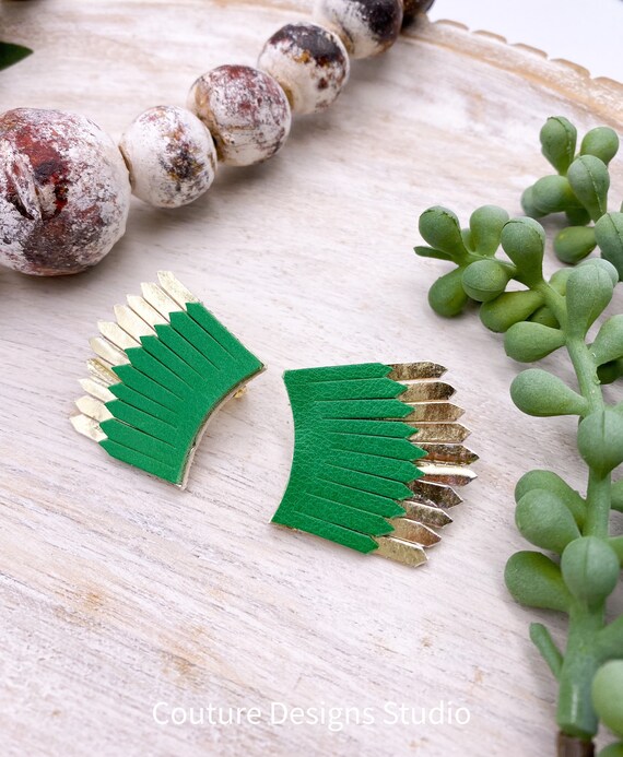 Green & Gold Leather Stud Earrings - Wing Earrings, Leather Fringe Earrings, Gold Wing Earrings, Green Leather Earrings, Boho Earrings
