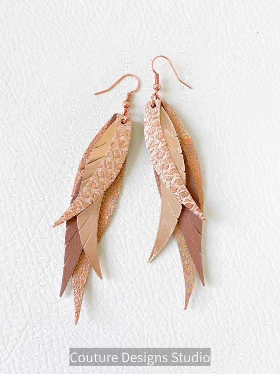 Rose Gold Feather Leather Earrings - Rose Gold Leather Earrings, Layered Leather Feather Earrings, Boho Earrings