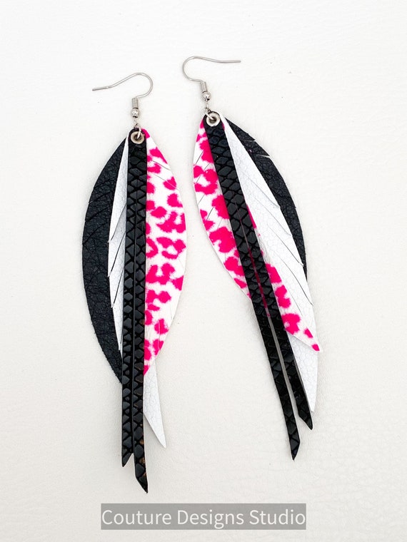 Neon Pink Leather Feather Earrings, Leopard Leather Feather Earrings, Leather Fringe Earrings, Boho Earrings, Cheetah Leather Earrings