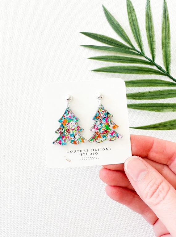 Pastel Glitter Christmas Tree Earrings Sparkly Tree Holiday