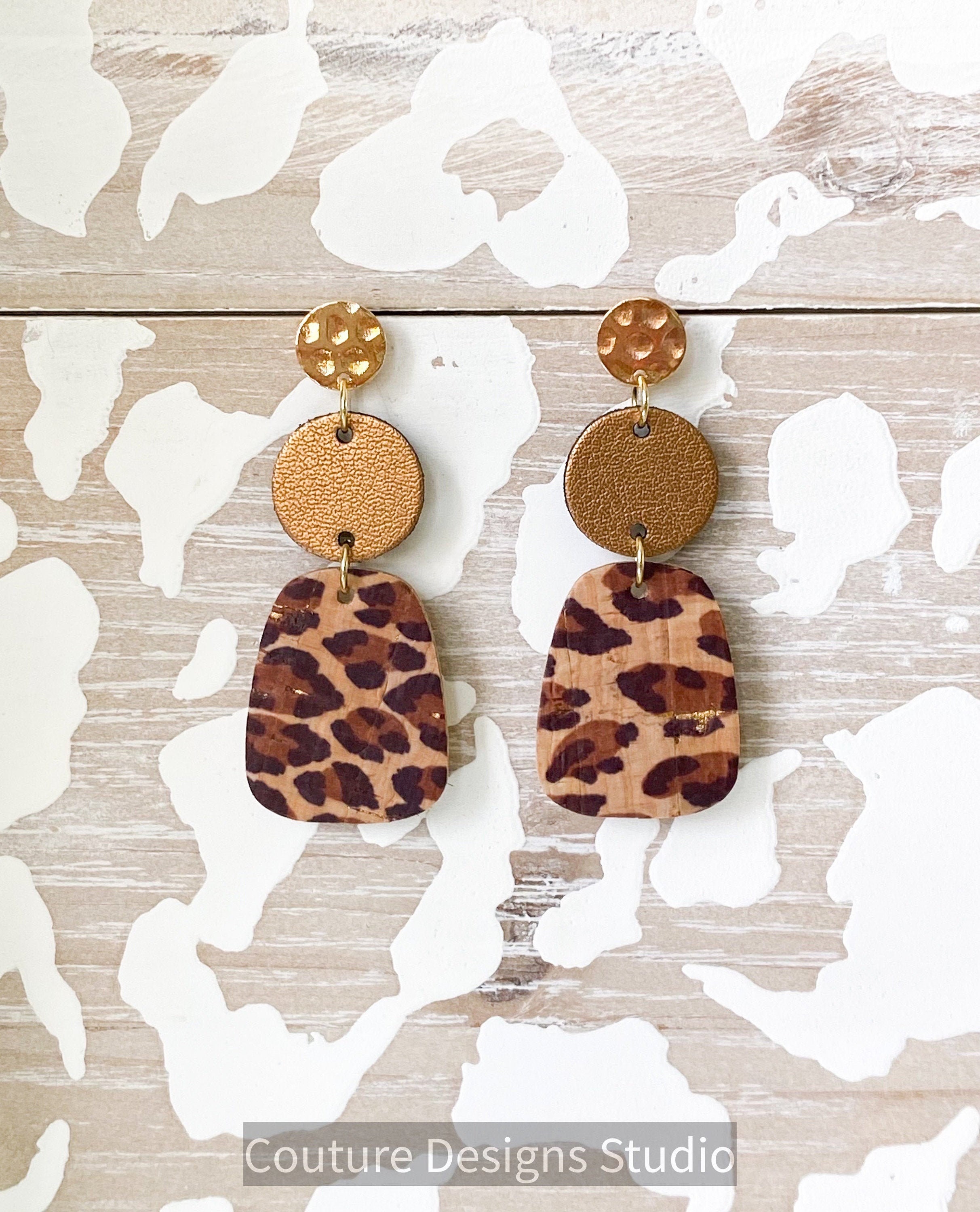 Brown Ostrich Embossed Genuine Leather Madeline Dangle Earrings