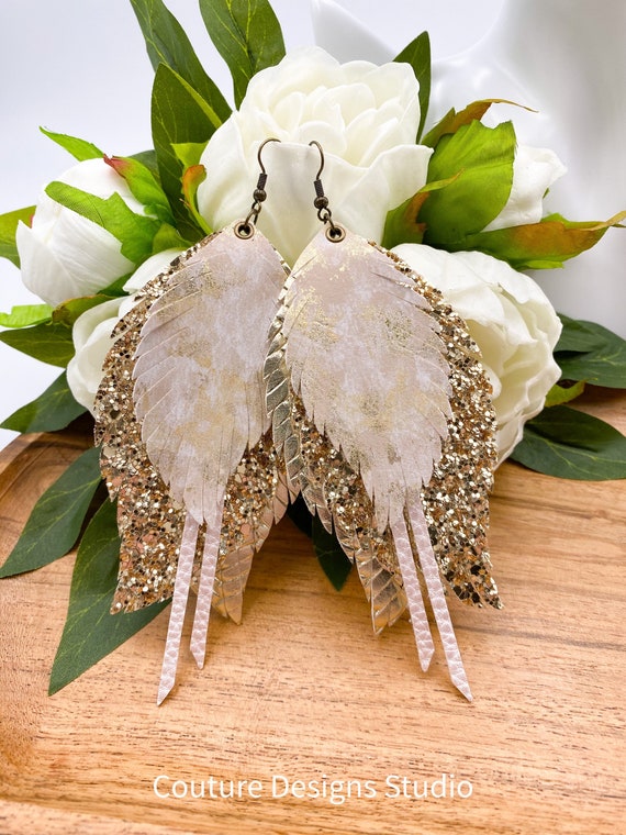 Layered Feather Earrings Gold Faux Leather Feather Earrings Etsy