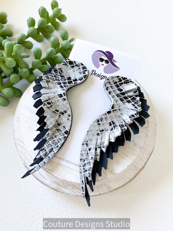 Black Feather Leather Earrings - Fringed Leather Earrings - Black and White Leather Wing Earrings - Snakeskin Angel Wing Earrings