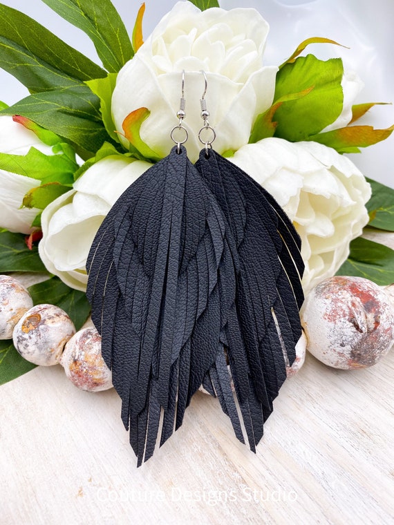 Black Faux Leather Feather Earrings - Black Faux Leather Earrings, Leather Fringe Earrings, Black Tassel Earrings