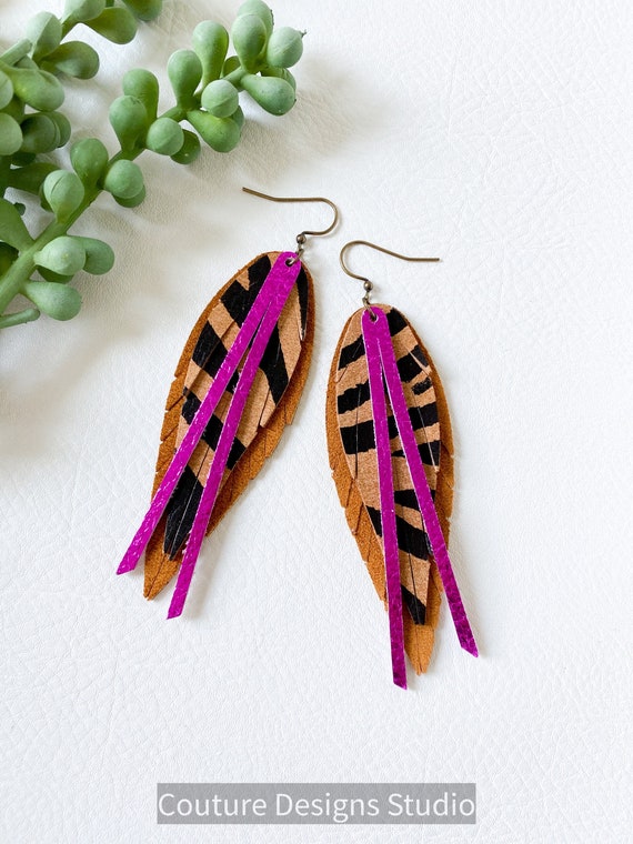 Brown and Magenta Tiger Stripe Leather Feather Earrings, Boho Leather Feather Earrings, Feather Leather Earrings, Summer Feather Earrings