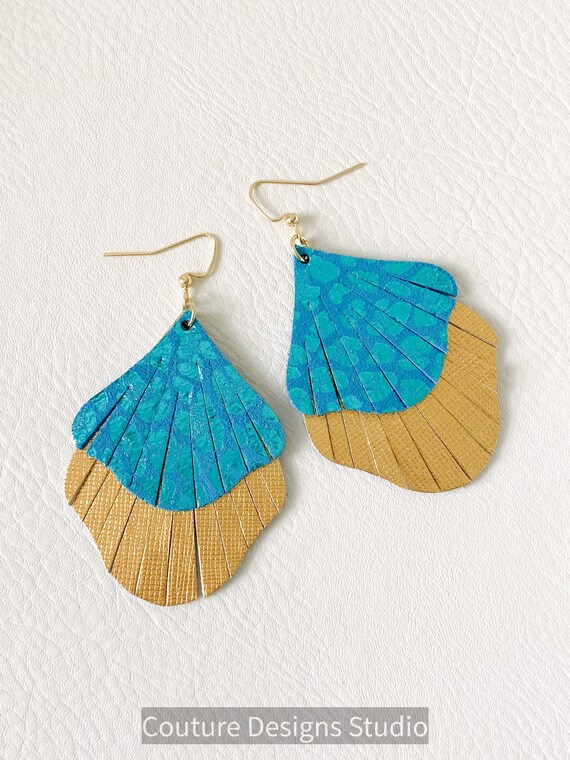 Ginkgo Leaf Leather Earrings, Leather Fringe Earrings, Ginkgo Earrings, Boho Earrings, Gold Leather Earrings, Turquoise and Gold Earrings