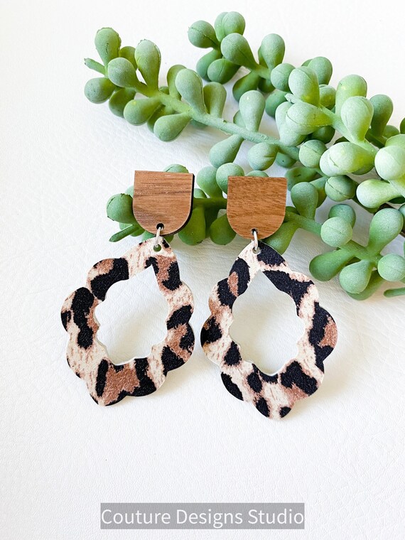 Leather and Wood Marrakesh Earrings, Cheetah Leather Earrings, Scallop Leather and Wood Earrings, Boho Earrings, Marrakesh Stud Earrings