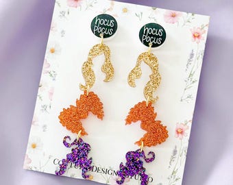 Hocus Pocus Halloween Earrings: Sanderson Sisters Glitter Witch Hair Earrings, Halloween Jewelry