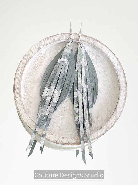 Gray Camo Leather Feather Earrings - Leather Feather Earrings, Silver Leather Fringe Earrings, Boho Earrings, Genuine Leather Earrings