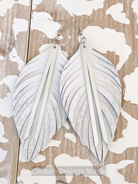 Glitter Ombre Leather Feather Earrings - Boho Leather Earrings, White Leather Feather Earrings, Leather Fringe Earrings, 4.5 Inches