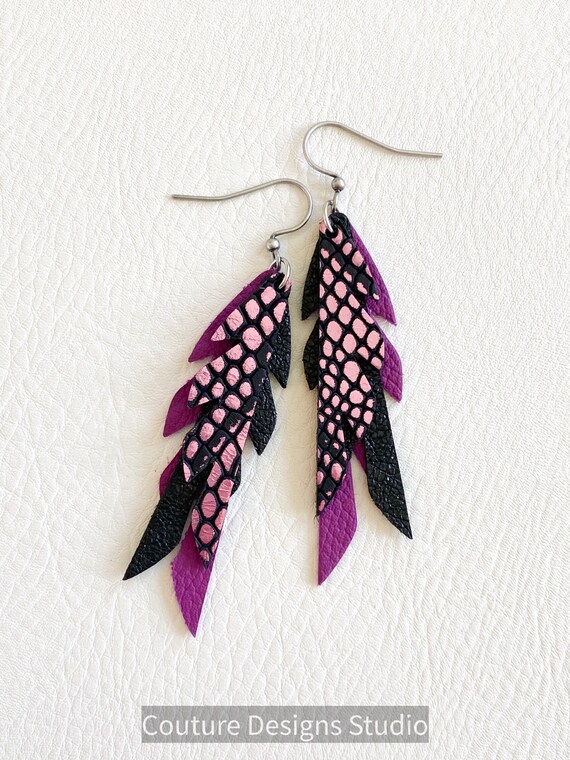 Black Raspberry Leather Feather Earrings, Feather Leather Earrings, Mini Feather Earrings, Boho Earrings, Small Leather Feathers