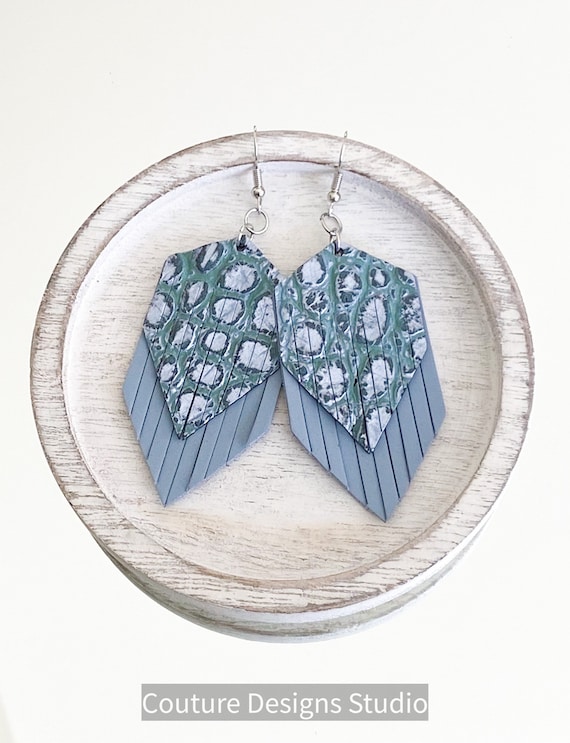 Blue Gray Leather Fringe Earrings, Boho Earrings, Leather Fringe Earrings, Gray Leather Earrings, Genuine Leather Earrings, 2.5"