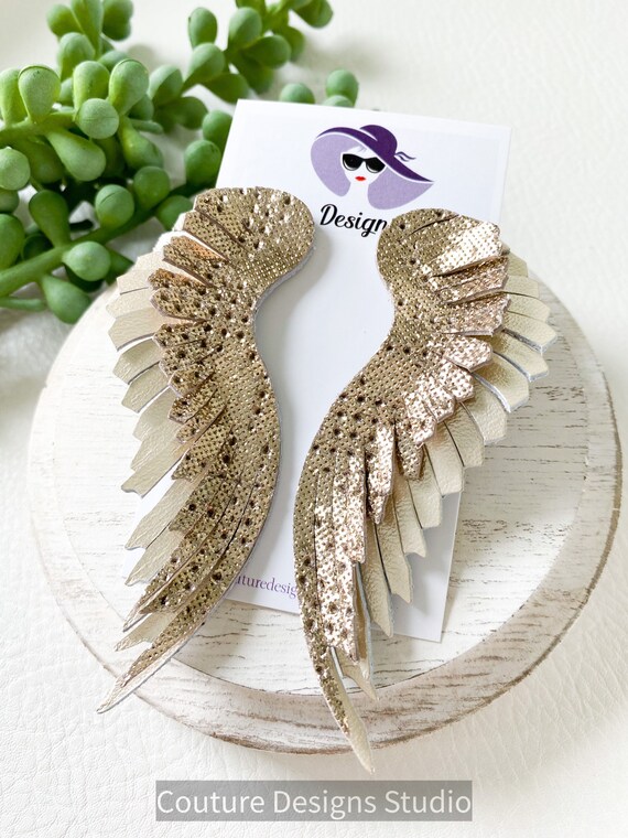 Platinum Feather Leather Earrings - Fringed Leather Earrings - Light Gold Leather Wing Earrings - Champagne Angel Wing Earrings