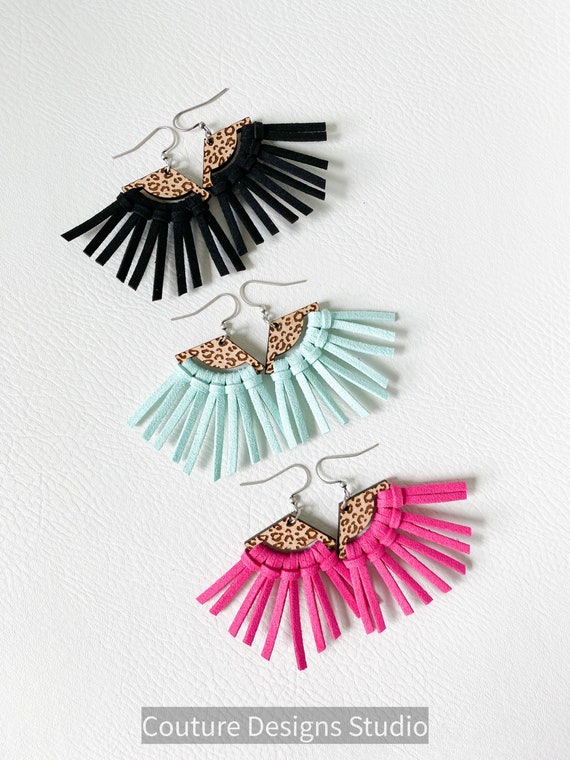 Spotted Leopard Black Fringe Earrings, Mint Green Earrings, Boho Earrings, Wood and Fringe Earrings, Fuchsia Tassel Earrings