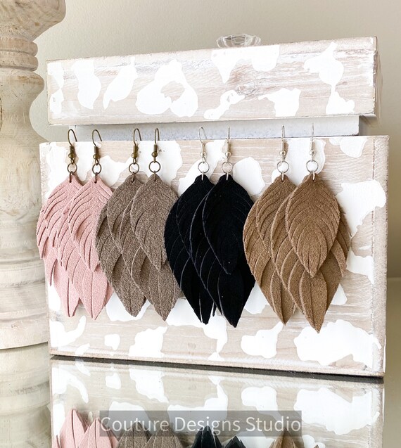 Suede Leather Feather Earrings - Boho Leather Earrings, Leather Fringe Earrings, Suede Feather Earrings, Genuine Leather Earrings