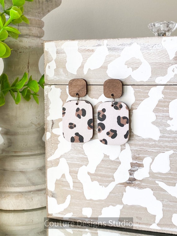 Wood Square Earrings, Cheetah Print Wood Earrings, Square Earrings, Geometric Stud Earrings, Boho Earrings, Post Earrings