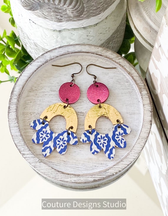 Blue and White Leather Earrings - Cork Geometric Earrings, Metallic Leather Earrings, Turkish Tile Leather Earrings, Boho Earrings