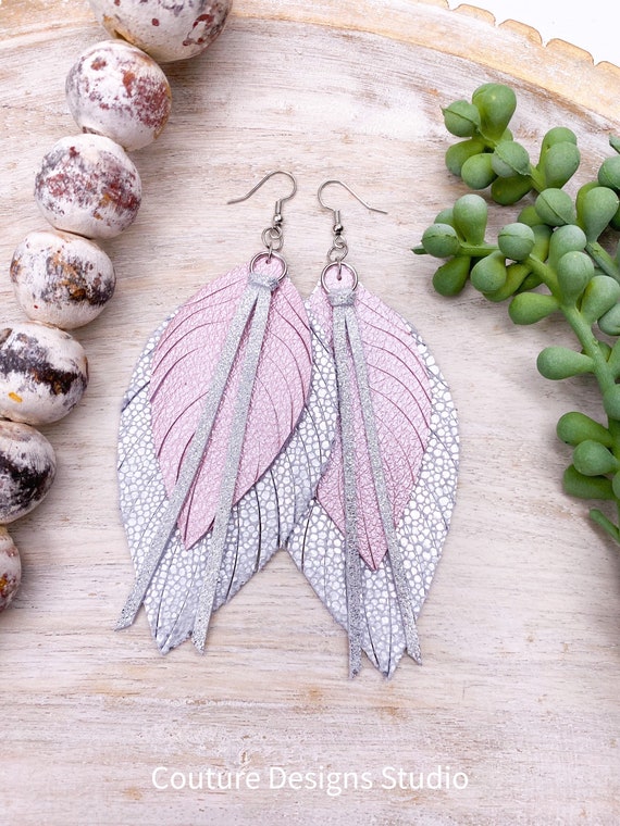 Gray & Pale Pink Leather Feather Earrings, Leather Feather Earrings, Leather Fringe Earrings, Boho Leather Earrings, 4.5 Inch